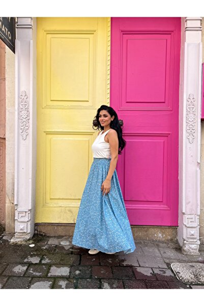 KÜÇÜĞÜM BUTİK Μπλε τραγανή φλοράλ ποπλίνα φούστα