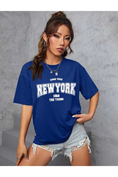 Harajuku Style Ναυτικό μπλε New York με στάμπα Oversize Unisex