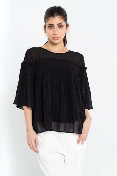 Nichii Women's Long Top with Delicute Pleats, 3/4 Sleeves, Loose Fit