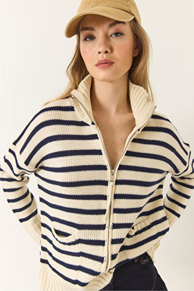 Bianco Lucci Women's Striped Zippered Knitwear Cardigan 20246314