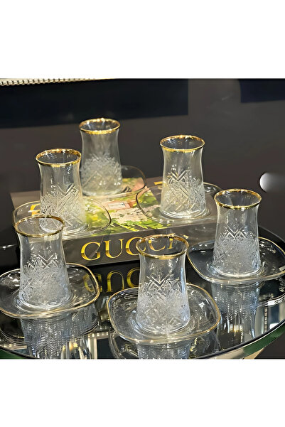 Elta Collection طقم شاي 12 قطعة مطلي بالذهب الحقيقي خالد |   6 أكواب و6 أطباق