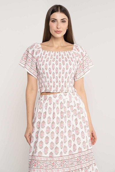 Nichii Women's Short Sleeve High-Waist Printed Blouse with Square Neckline