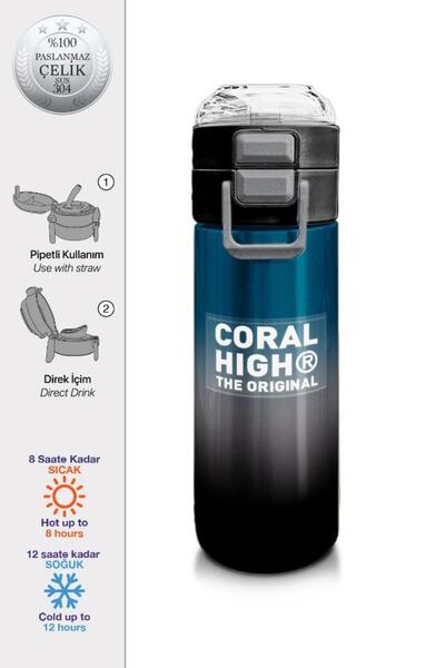Coral High Kids Nefti Gri Renk Geçişli Pipetli ve Direkt İçim Çelik Termos 50...