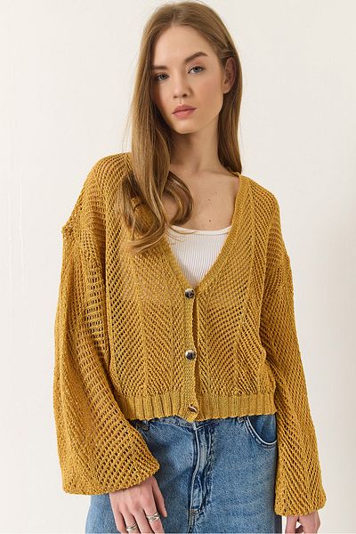 Bianco Lucci Women's Metal Buttoned Crop Openwork Cardigan