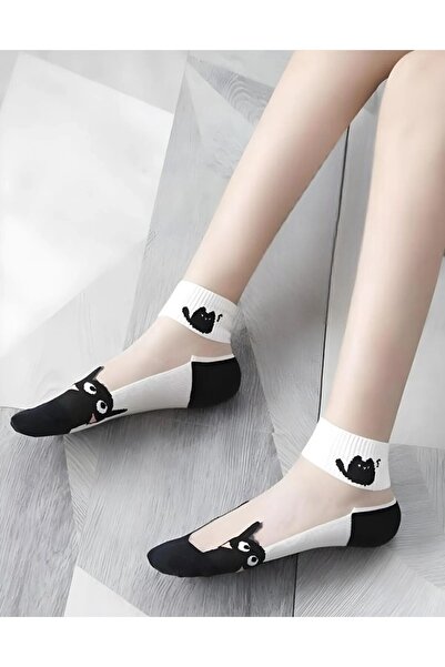 Hitit Socks Women's 5 Pairs Mixed Cat Patterned Tulle Socks White