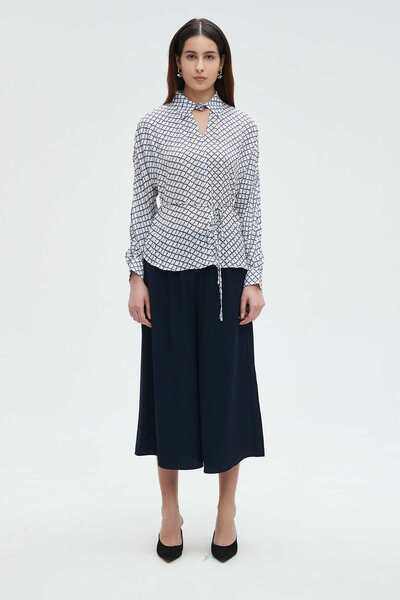 Nichii بلوزة نسائية بأكمام طويلة وياقة وحزام خصر منفصلين