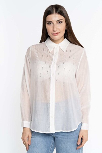 Nichii قميص نسائي بأكمام طويلة مزين بأحجار الراين وأزرار أمامية