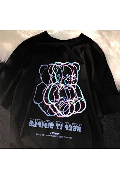 Harajuku Style Teddy Bear negru imprimat, oversize, unisex, Rakat Kalıp Trend