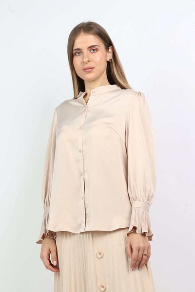Nichii Women's Satin Button-Up Blouse with Long Sleeves and Cuffs