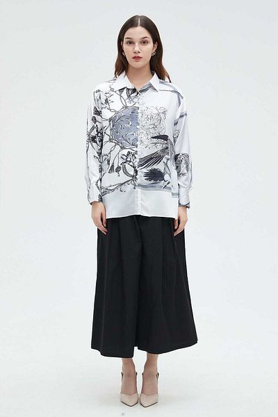 Nichii Women's Printed Long Sleeve Blouse with Collar and Buttons