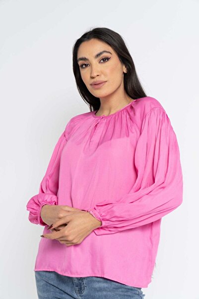 Nichii Women's Long Sleeve Solid Blouse with Round Neck Tie