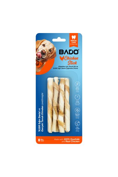 BAD0 Recompense caini, oase cu pui si piele naturala, 8 buc, igiena dentara, suport digestiv