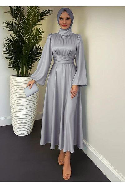 Lamia Giyim Spanish Sleeve Waist Wrap Satin Evening Dress Dark Gray 583163