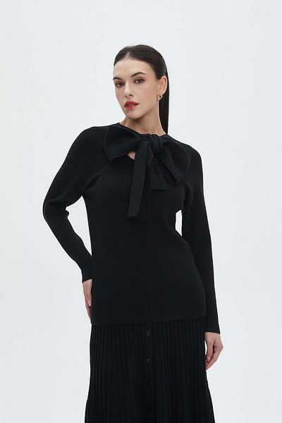 Nichii Women's Solid Long Sleeve Blouse with Neck Bow