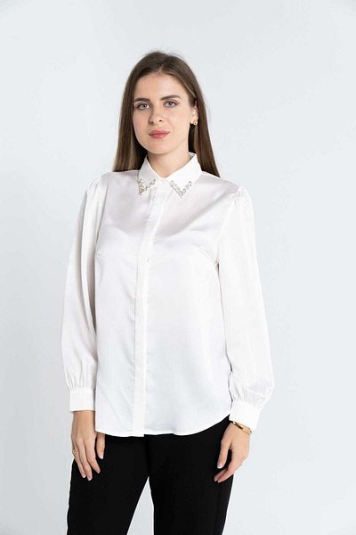 Nichii Women's Classic Plain Shirt with Embroidered Collar, Long Sleeves