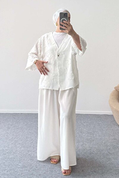 Hatun Atila Textured V-Neck Single Button Jacket 8877 - White