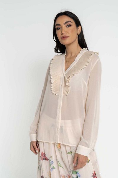 Nichii Women's Long Sleeve Solid Blouse with Front Ruffle