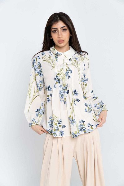 Nichii Women's Classic Long Sleeve Floral Blouse with Collar