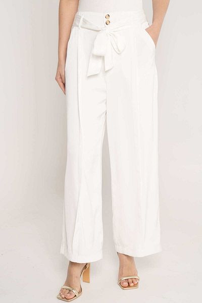 Nichii Solid High-Waisted Women's Pants with Button and Long Tie