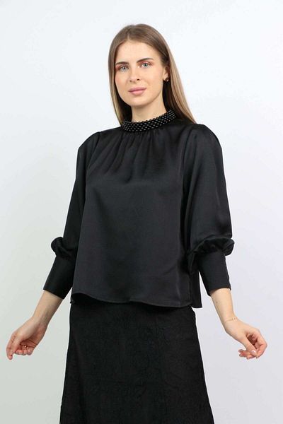 Nichii Women's Long Sleeve Plain Top with Embroidered Collar