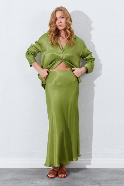 TENA Women's Oil Green Satin Long Skirt