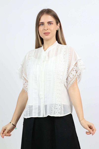 Nichii Transparent Short-Sleeve Blouse with Neck Tie