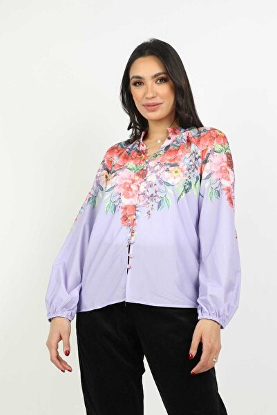 Nichii Women's Floral Button-Front Long Sleeve Puff Sleeve Blouse