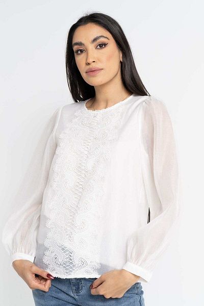 Nichii Women's Long Sleeve Sheer Blouse with Embroidery on the Chest