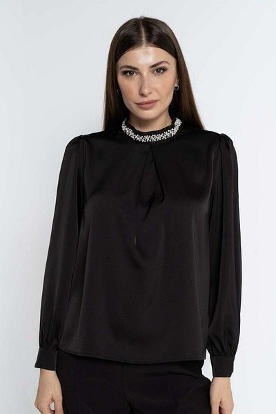 Nichii Women's Long Sleeve Solid Blouse with Pearl-Embroidered Collar