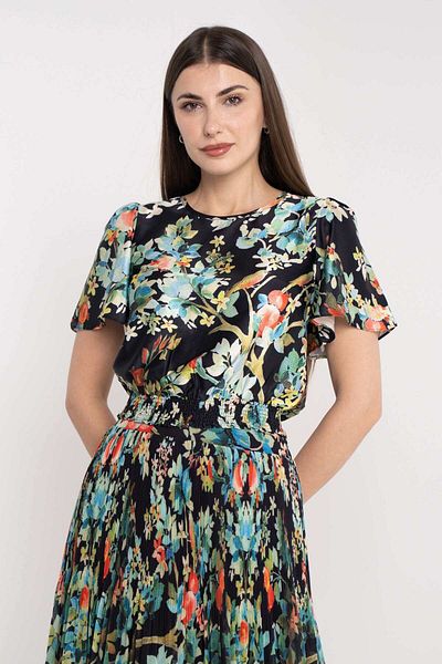Nichii Women's High-Waisted Floral Blouse with Loose Short Sleeves