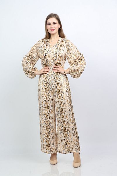 Nichii Women's Long Sleeve Printed Puff Jumpsuit with Wide Leg Pants