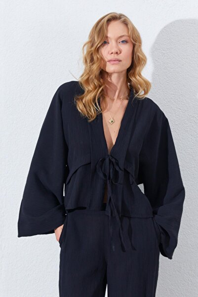 TENA Women's Black Ruffled Front Sleeves Loose Blouse