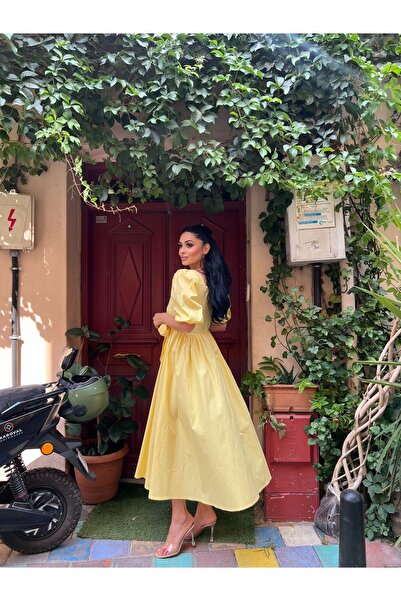 KÜÇÜĞÜM BUTİK Sarı Büyük Fiyonklu Kare Yaka Poplin Kloş Elbise