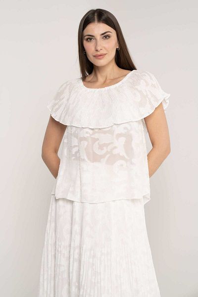 Nichii Women's Sheer Blouse with Layered Chest, Short Sleeves