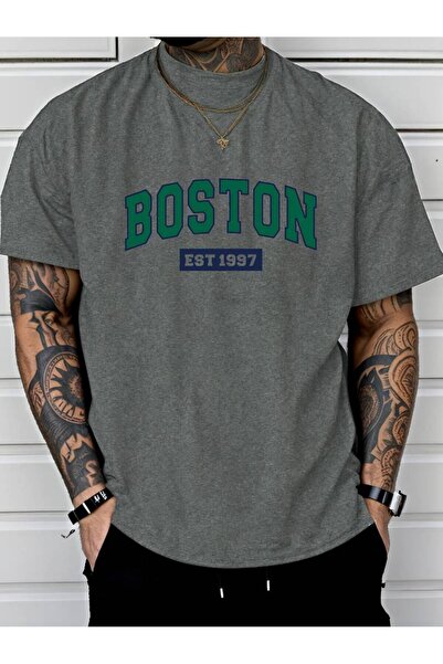 Harajuku Style Γκρι ανδρικό λευκό μαύρο γκρι μπλουζάκι Oversize Boston Est 19...