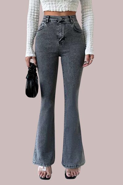byhaziran butik Aureliana Women's Smoked Lycra High Waist Spanish Leg Jeans