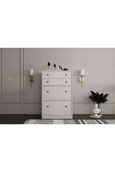 Nettrends Düşer Iki Kapaklı Iki Çekmeceli Raflı Beyaz Ayakkabılık Ayk-1059-Ç