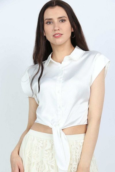Nichii Women's Short Sleeve Blouse with Mid-Belly Design