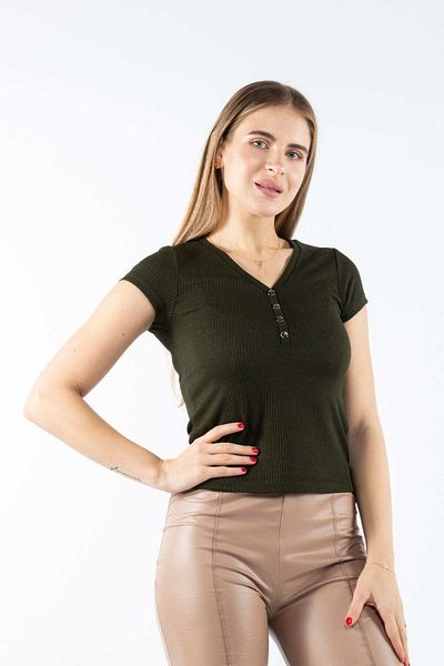 Nichii Women's Cotton Blouse with Front Buttons and Short Sleeves