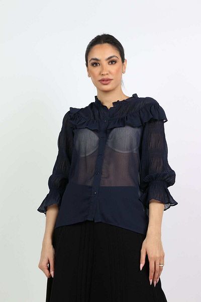 Nichii Women's Sheer Blouse with Front Buttons and Ruffled 3/4 Sleeves