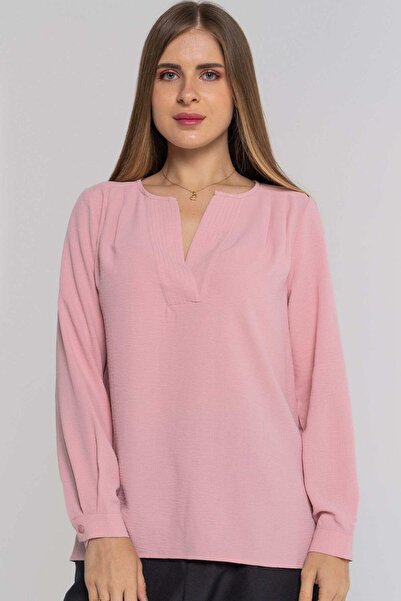 Nichii Wide Plain Blouse with Chest Opening and Long Sleeves