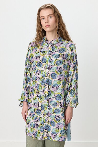 Nihan Kolları Bağlamalı Gömlek Yaka Desenli Empirme Tunik Mor