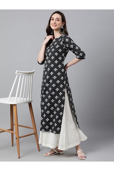 IndHeritage Premium cotton office / casual kurti - Black kurti / kurta for women with white prints