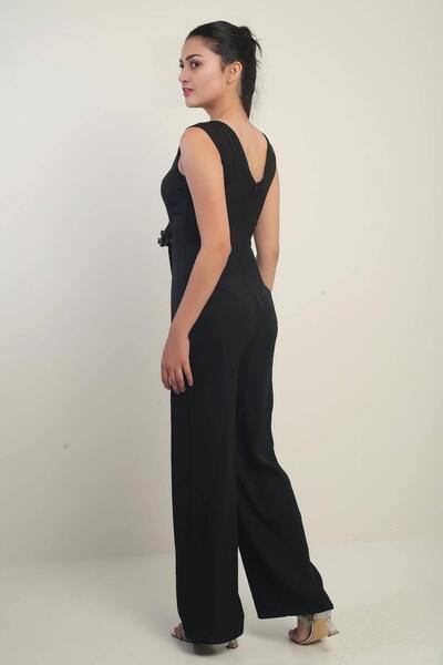 ZISHAN Luxury Plus Size Black V-Neckline Stone Detail Stylish Evening Dress Jumpsuit - for Special Invitations 425