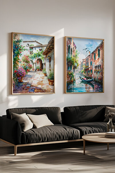 STARYUNA Watercolor Effect Venice Italy Landscape Painting, Wooden Frame Set of 2 Paintings Yuna136