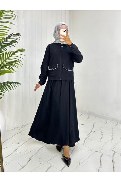 Modamorfo Zippered Jacket, Elastic Waist Skirt, Linen Suit - Black