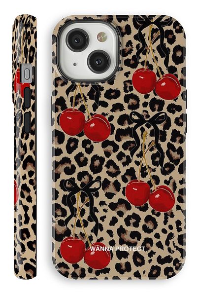 WANNA PROTECT حافظة هاتف iPhone 15 بطبقة مزدوجة ممتصة للصدمات، حافظة هاتف لامعة من نوع Leopard Cherry Glossy Superior PROTECT