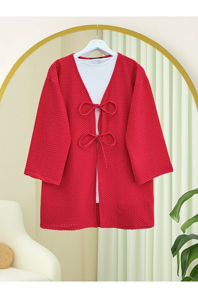 Modamorfo Kimono cu model de fagure cu șireturi duble în față - roșu