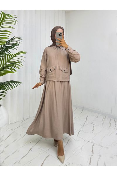 Modamorfo Zippered Jacket, Elastic Waist Skirt, Linen Suit - Mink