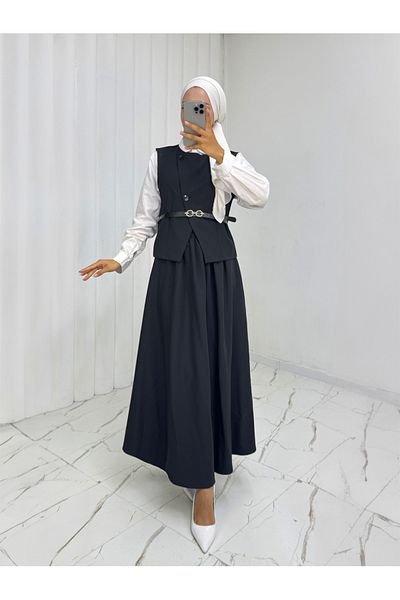 Modamorfo Cross Button Belted Vest Skirt Suit -Black